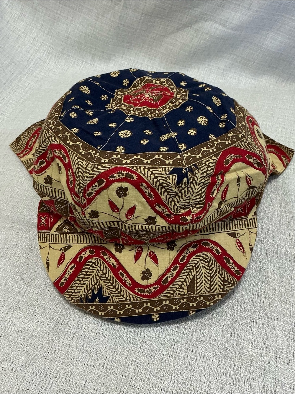 Vintage Unique Boho Indonesian Batik Print Sun Hat with Neck Flap & Faux Suede